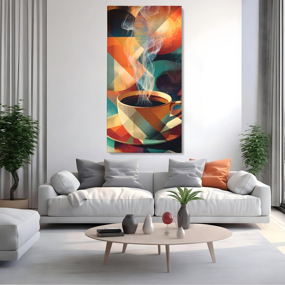 Tablou canvas cu ilustratie abstracta cu ceasca de cafea, fara rama, pe sasiu de lemn, pe perete intr-un living